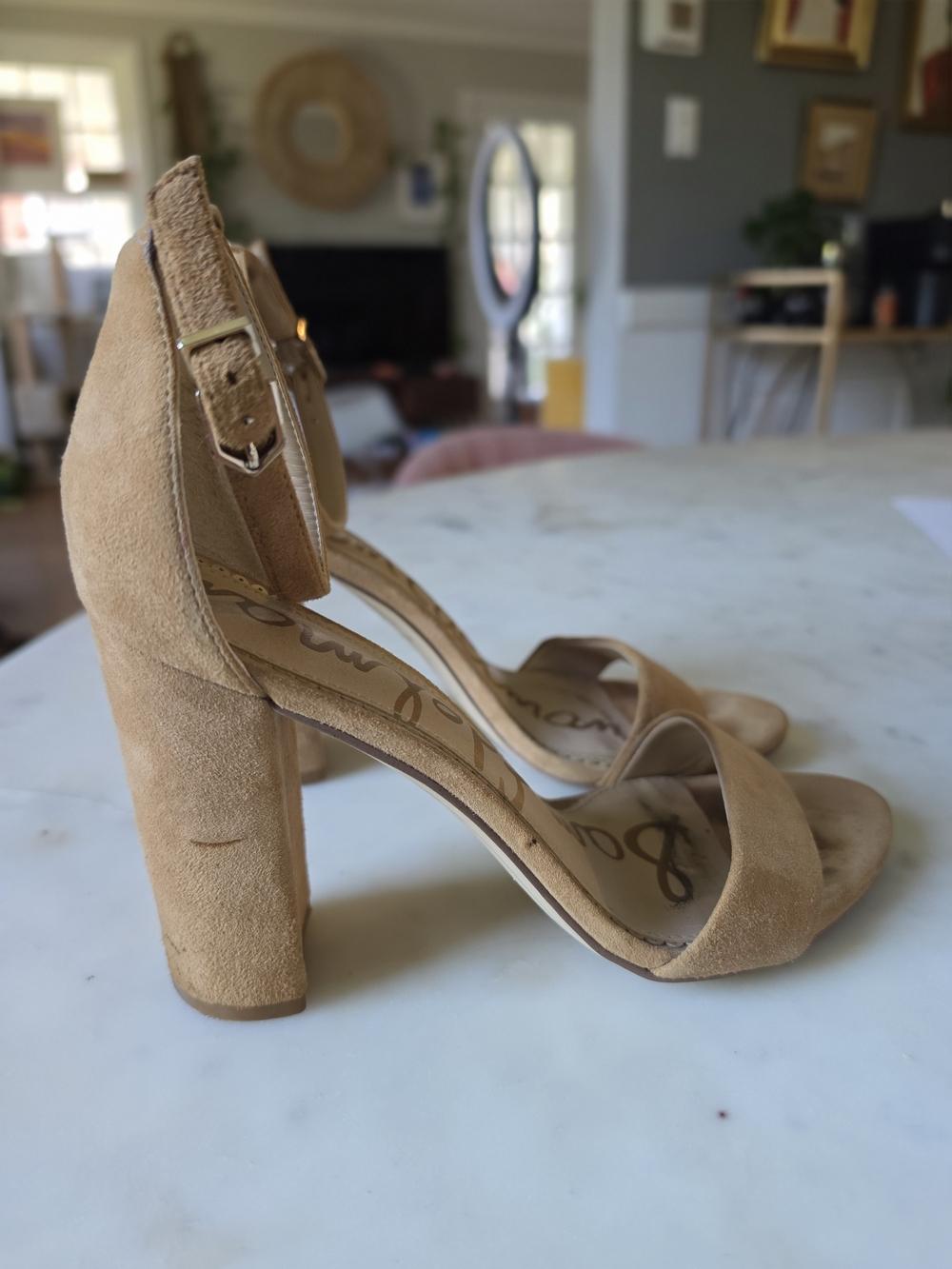 Sam Edelman Tan Suede Block Heel Sandals Size 7.5 - Picture 3 of 6